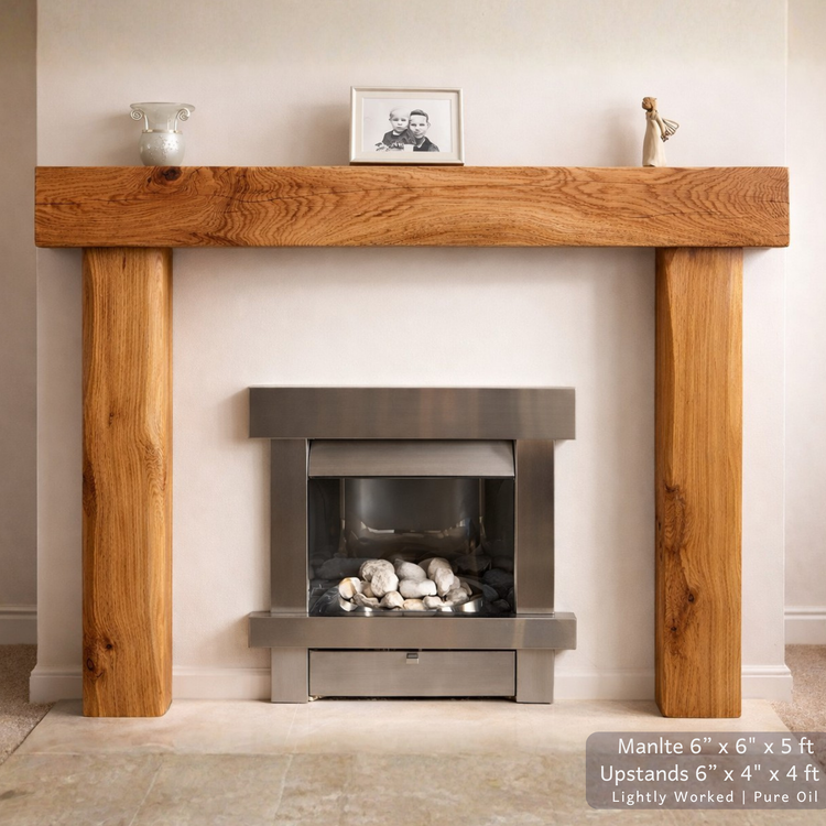 Solid Oak Beam Fireplace Surround 1200mm | Handcrafted French Oak Mantle Piece