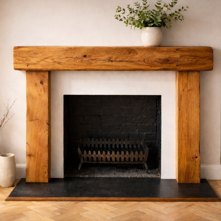 Solid Oak Beam Fireplace Surround 1200mm | Handcrafted French Oak Mantle Piece