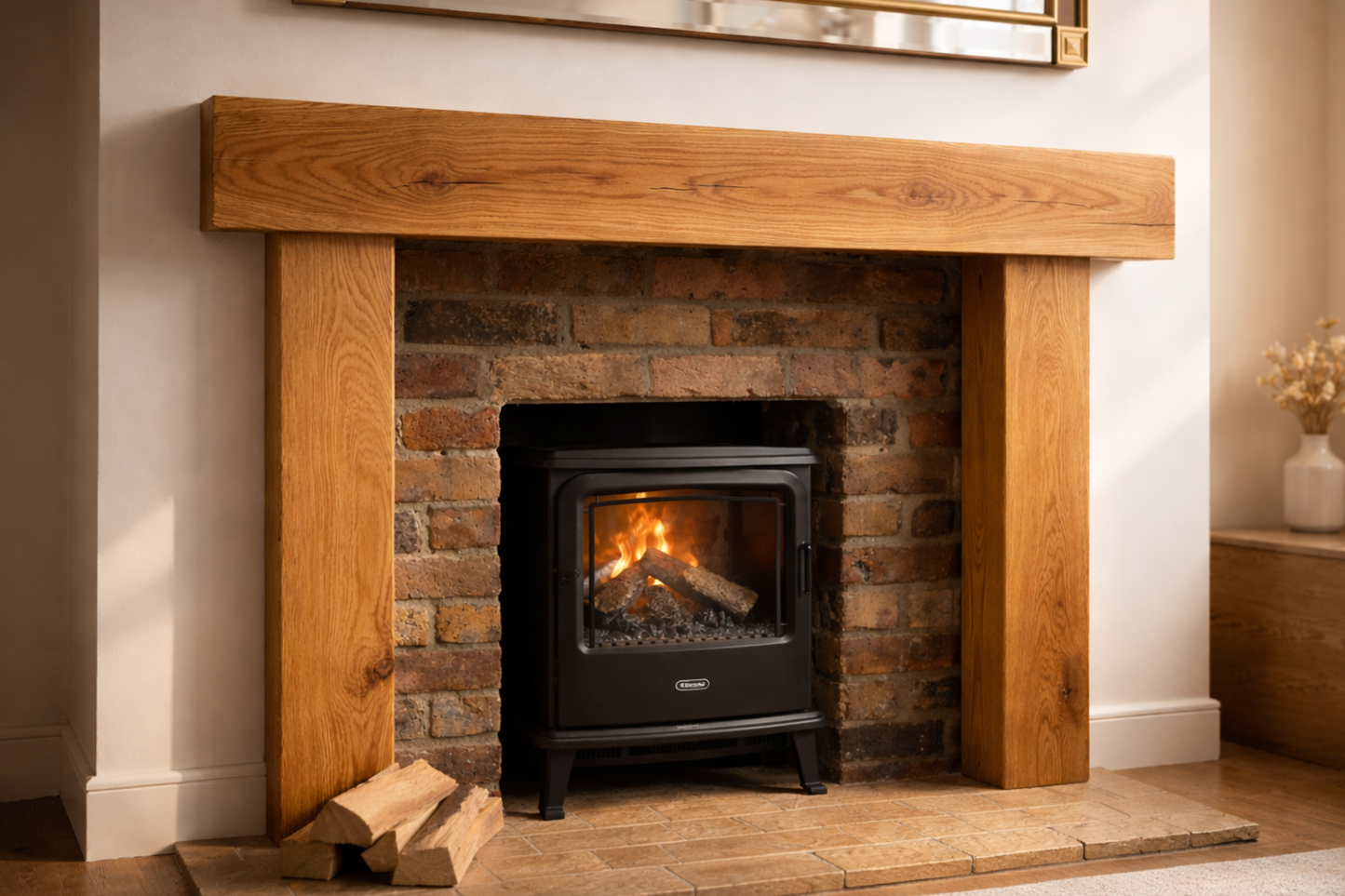Solid Oak Beam Fireplace Surround 1200mm | Handcrafted French Oak Mantle Piece