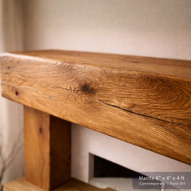 Solid Oak Beam Fireplace Surround 1200mm | Handcrafted French Oak Mantle Piece