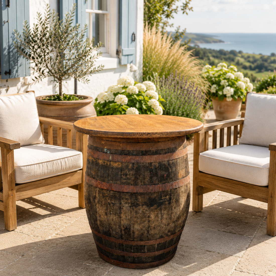 
                      
                        Handmade Oak Whisky Barrel Table & Stools
                      
                    