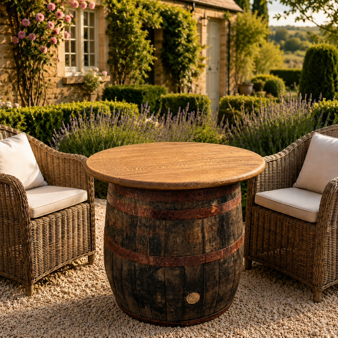 
                      
                        Handmade Oak Whisky Barrel Table & Stools
                      
                    